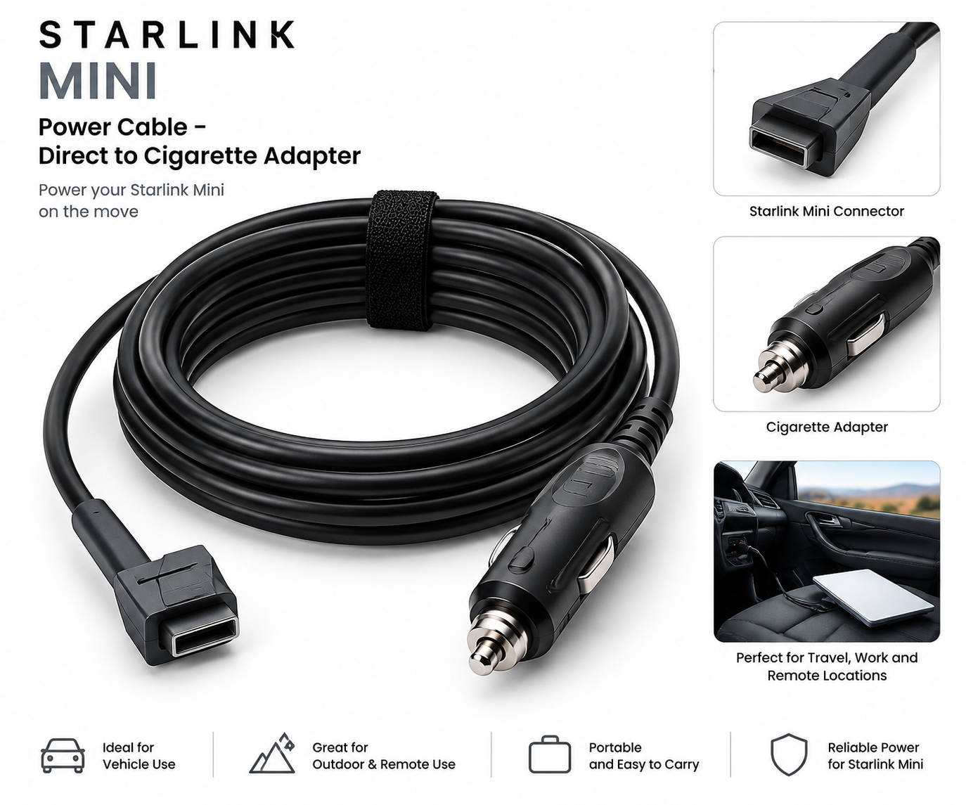 Starlink Mini Power Cable – Direct to Cigarette Adapter